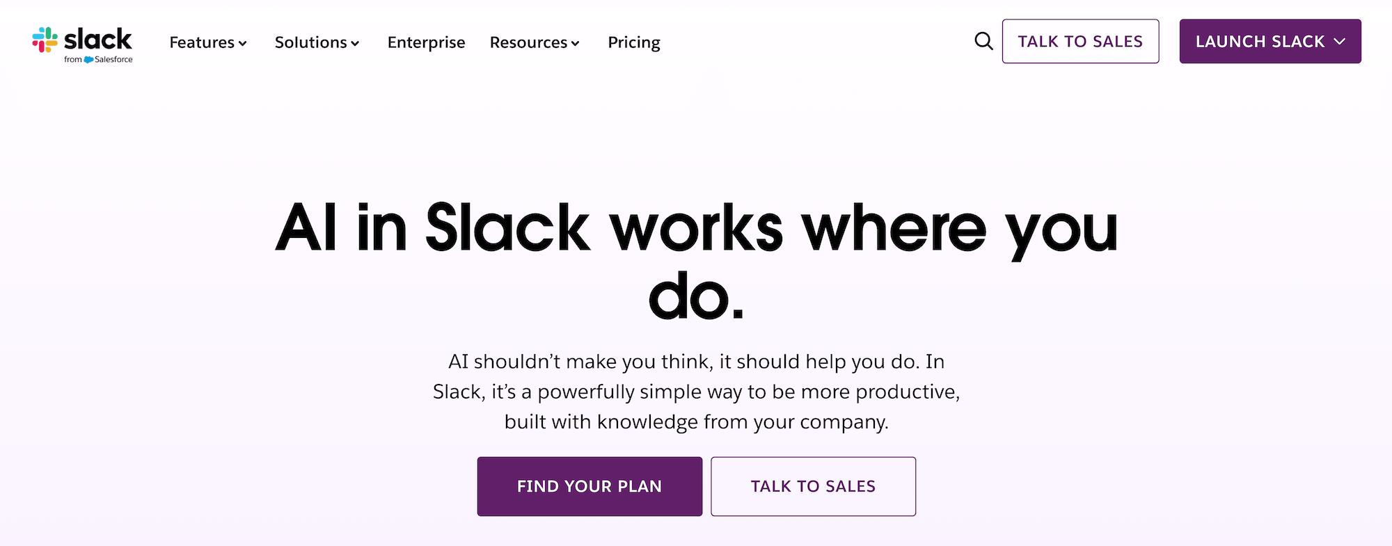 Slack AI homepage: AI in Slack works where you do.