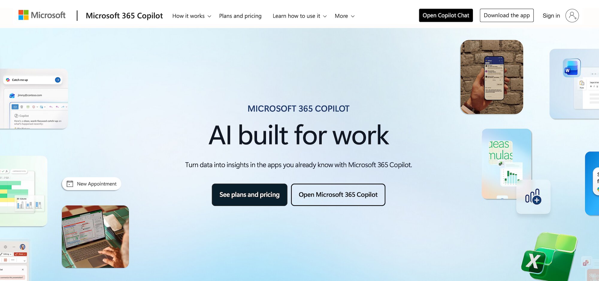 Microsoft 365 Copilot homepage: AI built for work