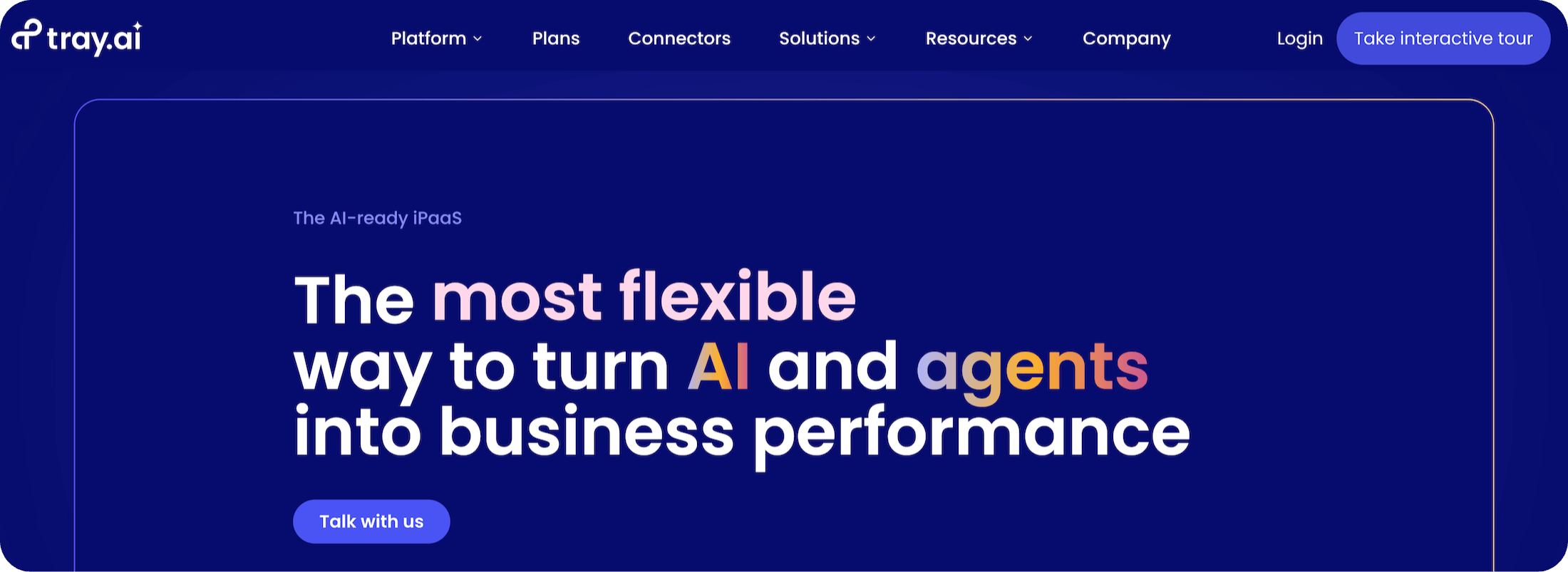 Tray.ai homepage: The most flexible way to turn AI and agents into business performance