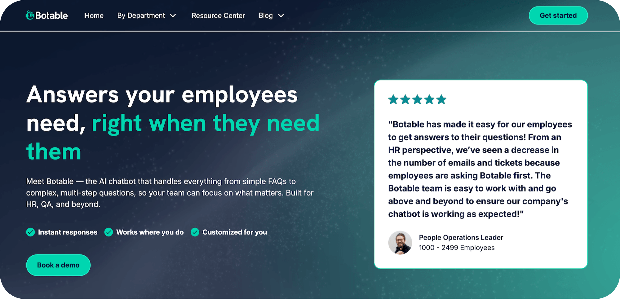 Botable homepage: Answers your employees need, right when they need them