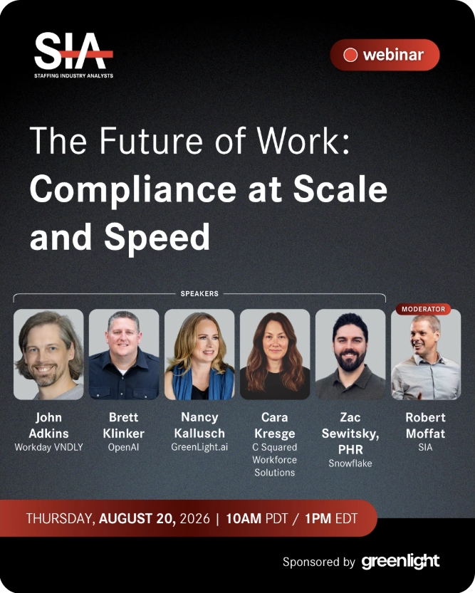 SIA webinar: The Future of Work — Compliance at Scale and Speed. Speakers John Adkins (Workday VNDLY), Brett Klinker (OpenAI), Nancy Kallusch (GreenLight.ai), Cara Kresge (C Squared Workforce Solutions), Zac Sewitsky, PHR (Snowflake), moderated by Robert Moffat (SIA). Thursday, August 20, 2026, 10AM PDT / 1PM EDT. Sponsored by GreenLight.