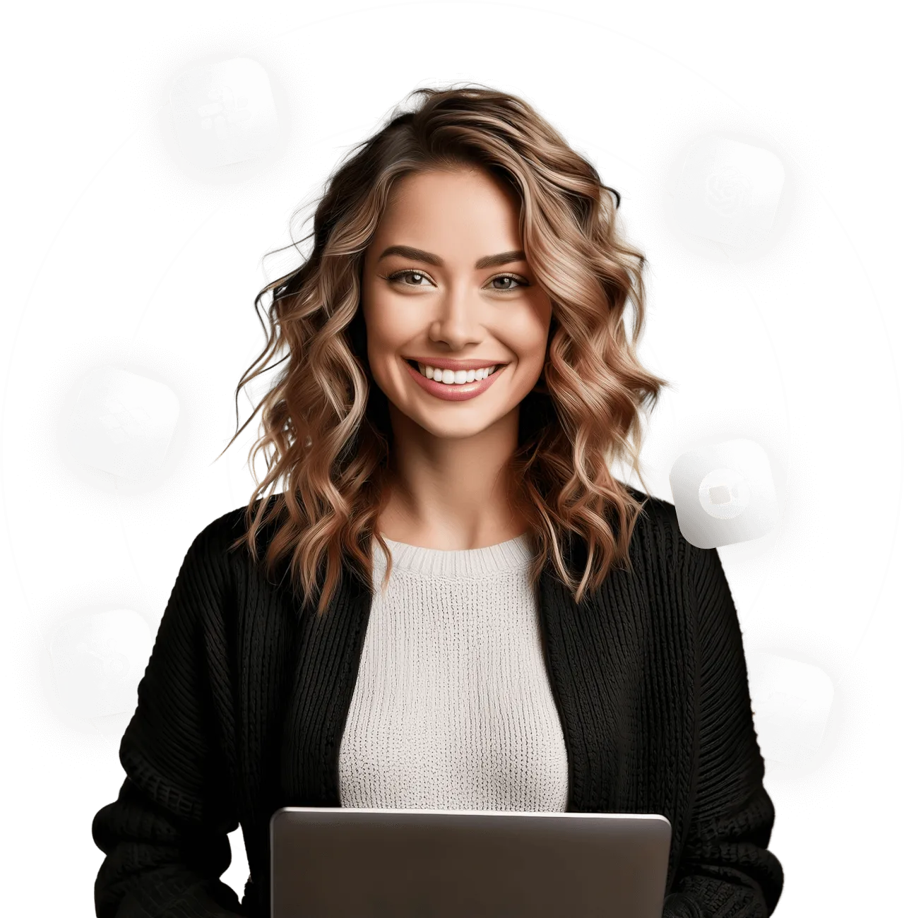 A smiling woman with a laptop placed in front of her