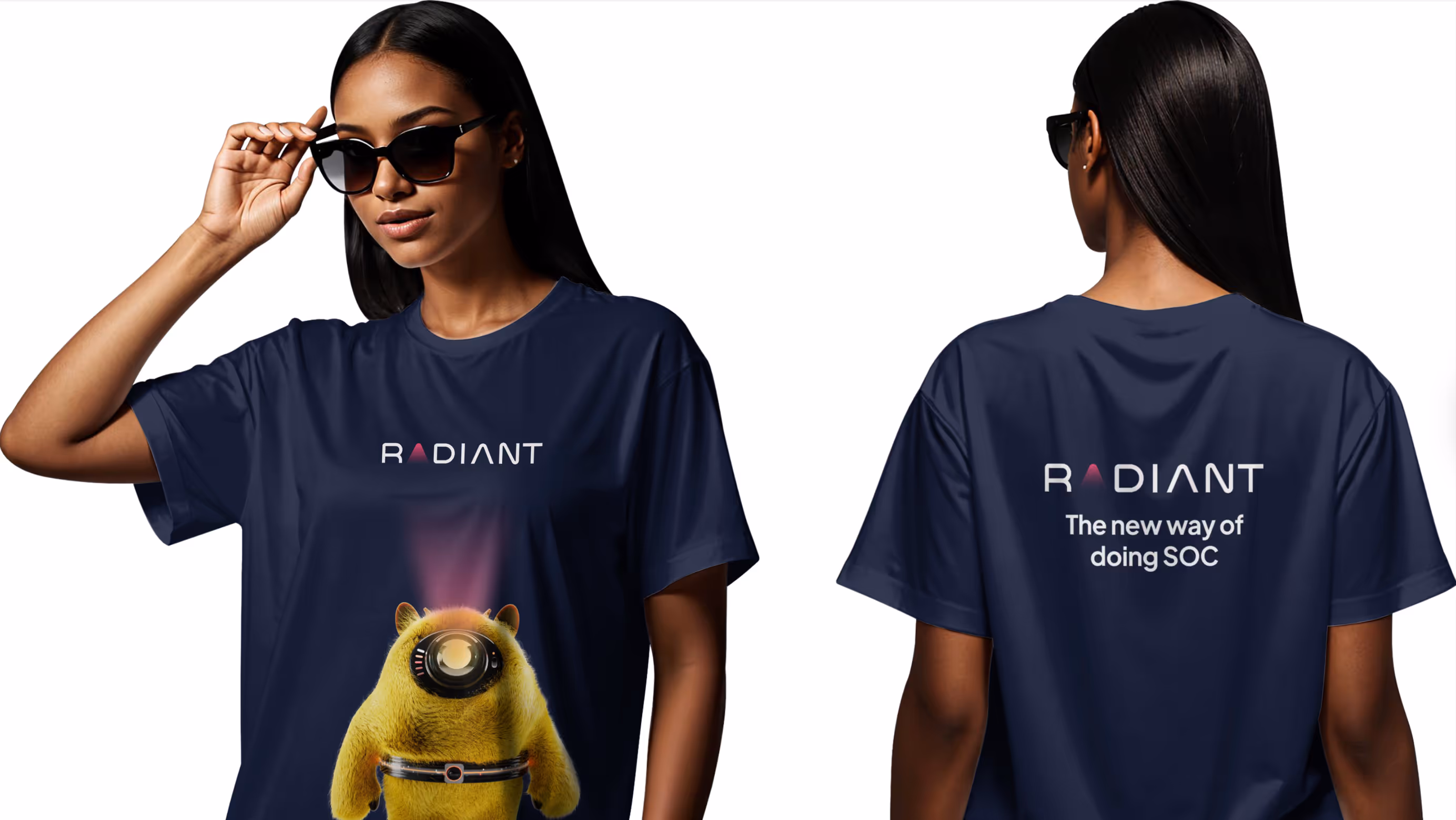 Radiant branded navy blue T-shirt with mascot on the front and company logo with tagline “The new way of doing SOC” on the back.