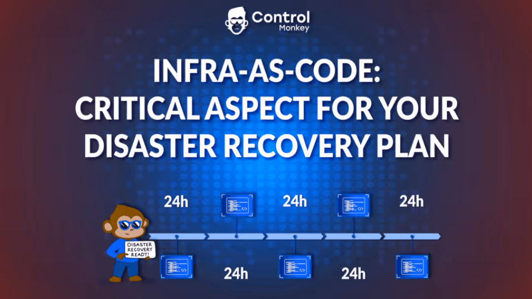 Control Monkey visual: “Infra-as-Code – Critical Aspect for Your Disaster Recovery Plan.” Monkey holds a sign with a 24h backup timeline.