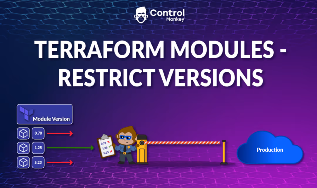Control Monkey graphic: “Terraform Modules – Restrict Versions.” Monkey controls module versions with checkpoint barrier and version list.
