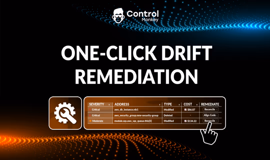 Control Monkey visual: “One-Click Drift Remediation.” Interface shows drift list with reconcile button and glowing orange lights.