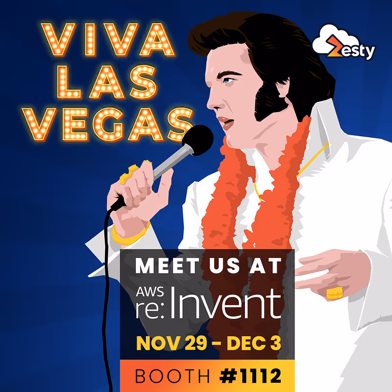 Zesty poster: “Viva Las Vegas.” Illustration of a singer with mic promoting AWS re:Invent booth #1112.