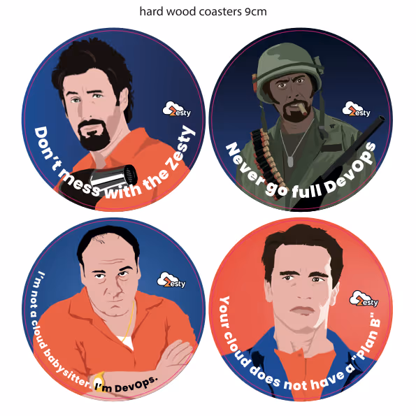 Zesty coasters design: Four round illustrations with humorous DevOps quotes on famous characters.