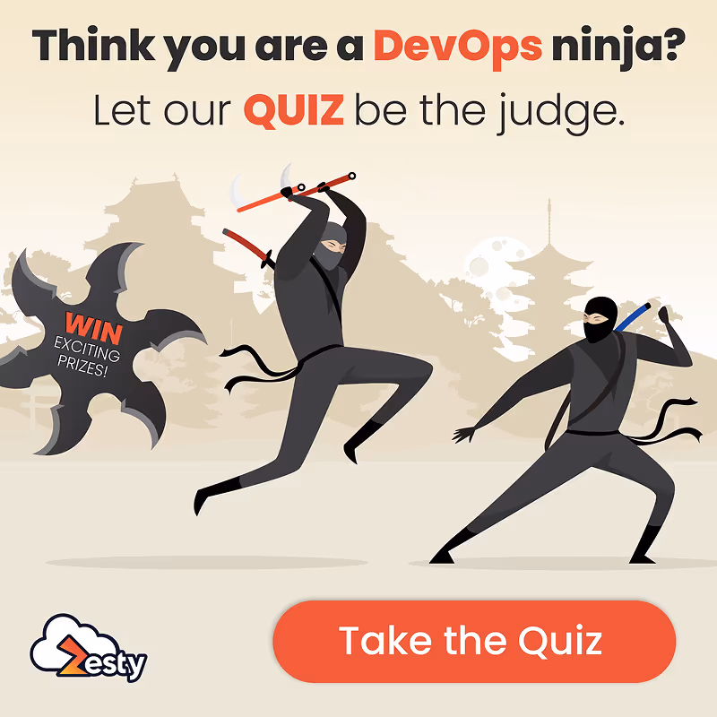 Zesty graphic: “Think you are a DevOps ninja?” Two ninjas fight in quiz promotion banner.