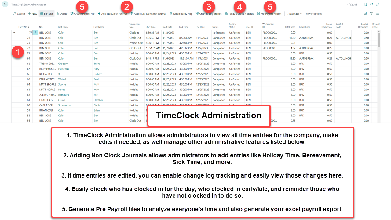 TimeClock for D365 Business Central - Screenshot of Time Clock Admin
