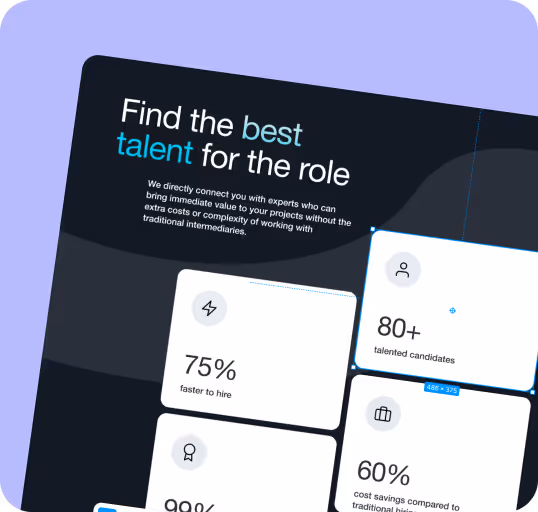 An image of a website that says find the best talent for the role. The image has a black background and features four card components with statistics.