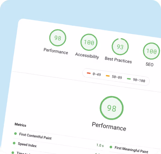 A screenshot of a lighthouse report with 98 performance, 100 accessibility, 93 best practices, and 100 SEO score.