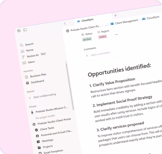 A page in notion showing opportunities for improvement identified after a research audit for a company. The opportunities identified include clarifying a value proposition by restructuring the hero section, implementing a social proof strategy to improve credibility by showing testimonials and user results, and clarifying services proposed to improve visitor comprpehension.