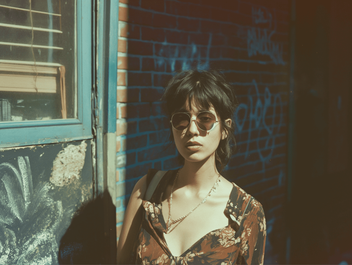Woman in sunglasses and a floral shirt standing against a graffiti-covered brick wall in blue light.