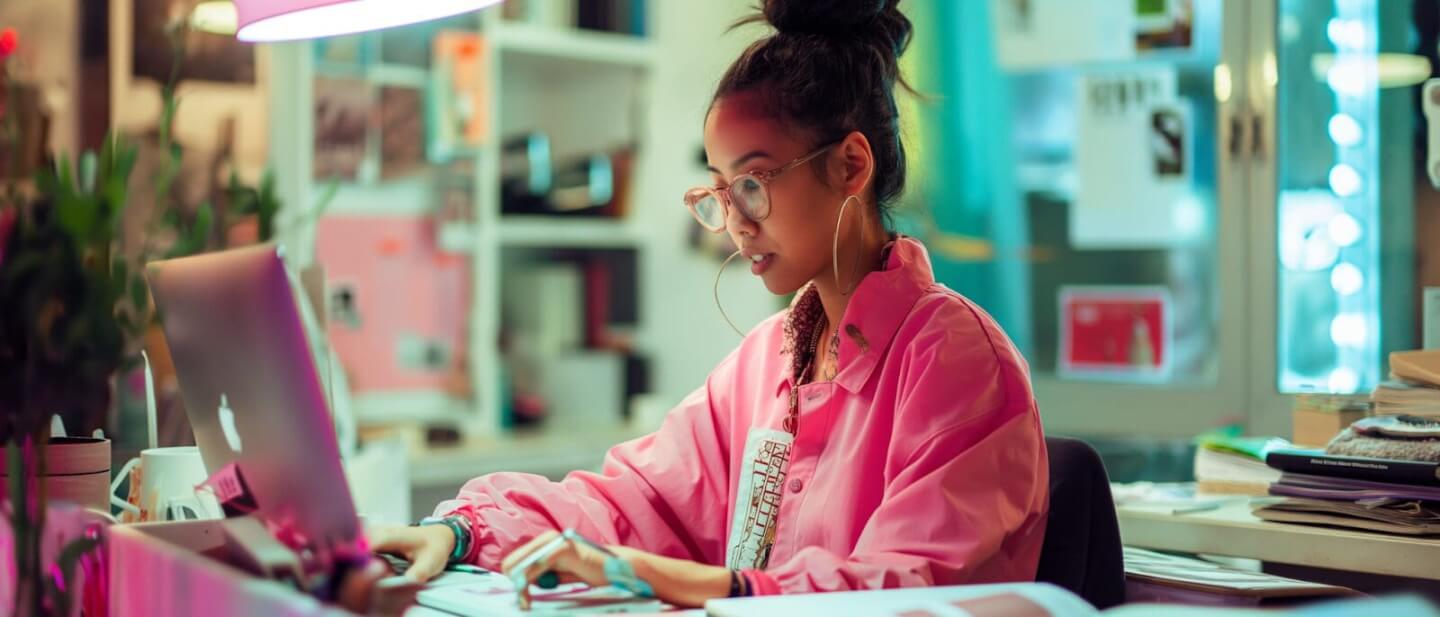 Pink jacket and laptop