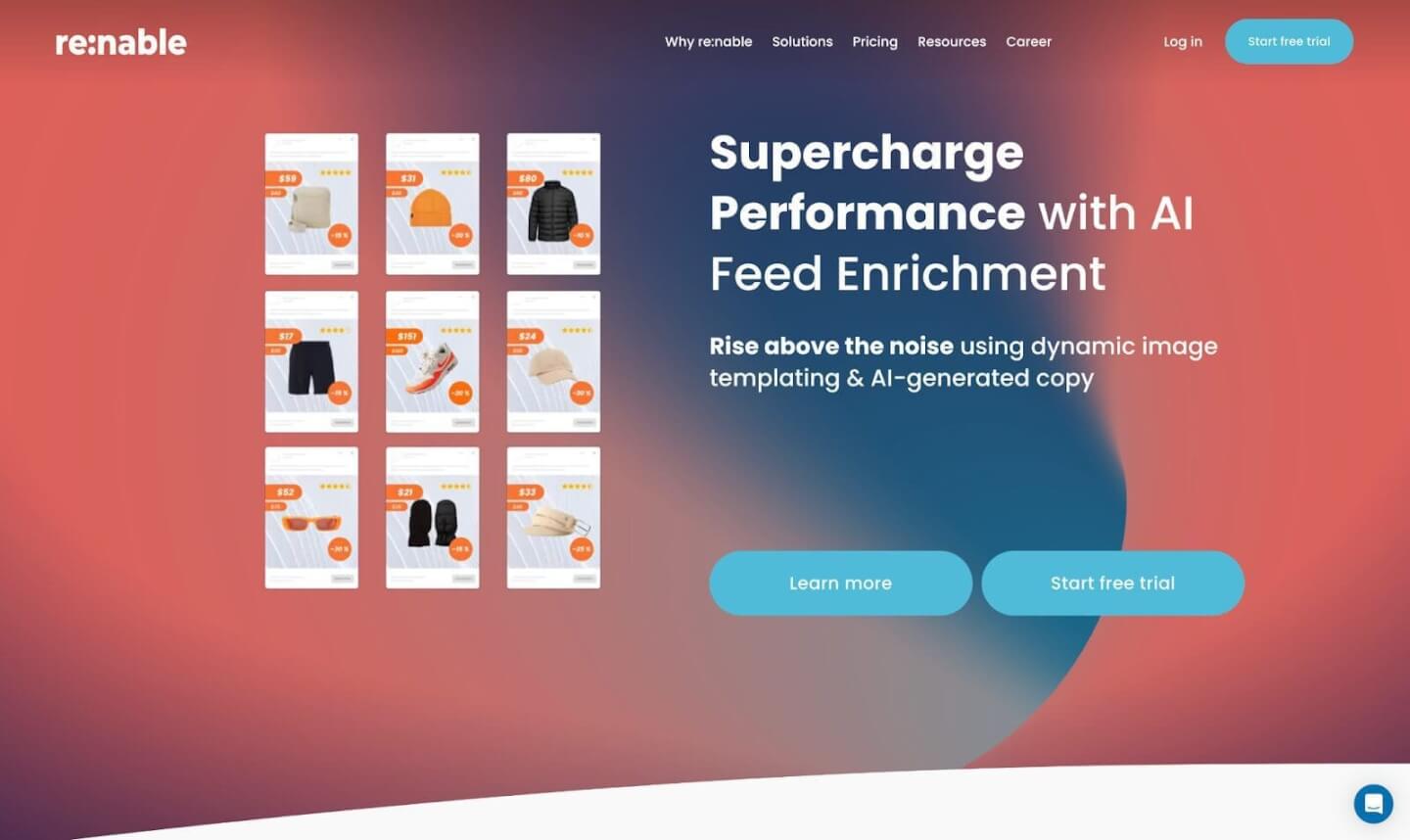 Homepage of an AI product feed tool with the headline Supercharge Performance with AI Feed Enrichment.