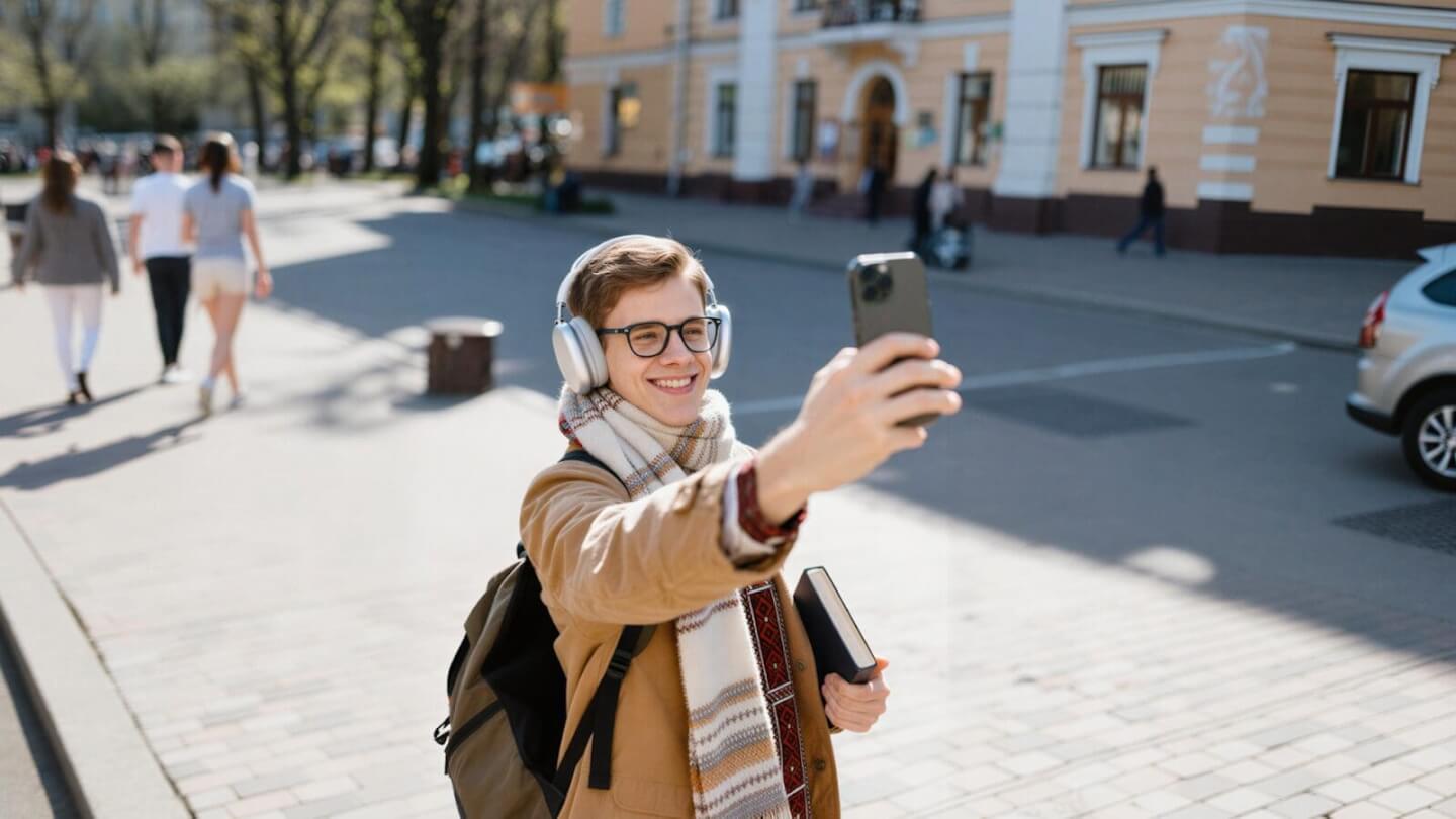 Smiling young man in headphones taking a selfie on a sunny city street.