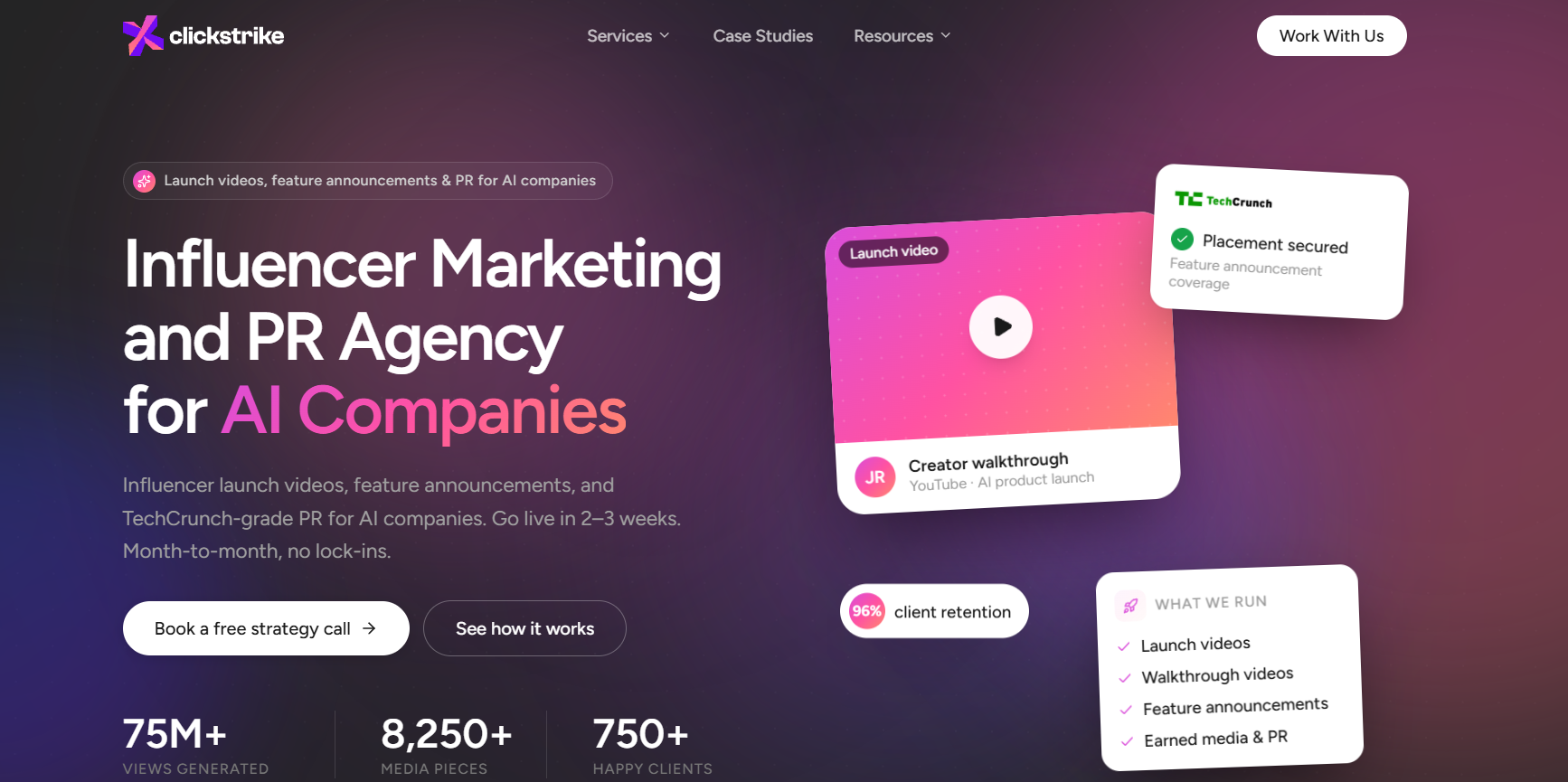 Homepage of an influencer marketing and PR agency for AI companies with launch video previews.