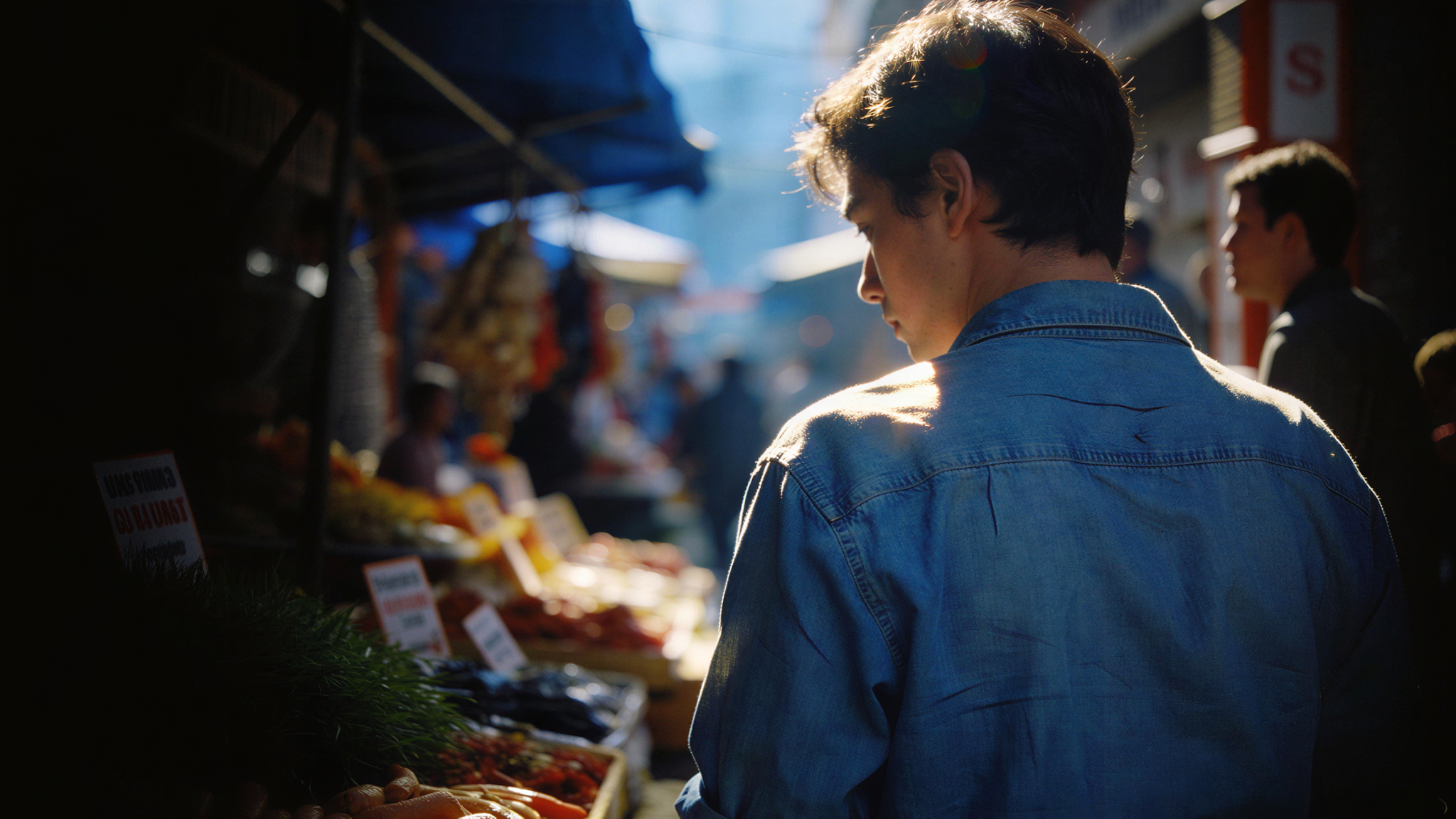 Person in a denim jacket browsing produce stalls at a busy outdoor market.