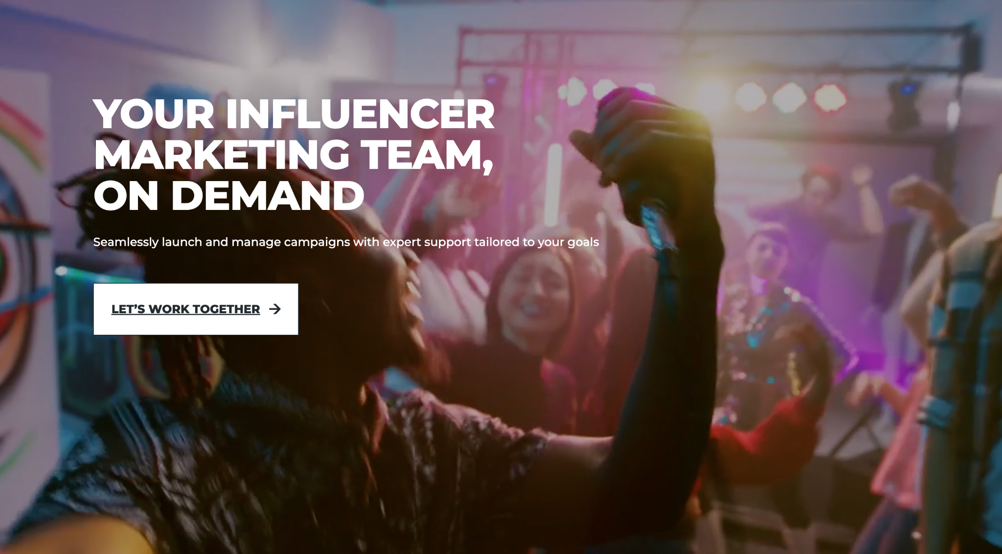 Homepage of a managed influencer marketing service with the headline Your influencer marketing team, on demand.