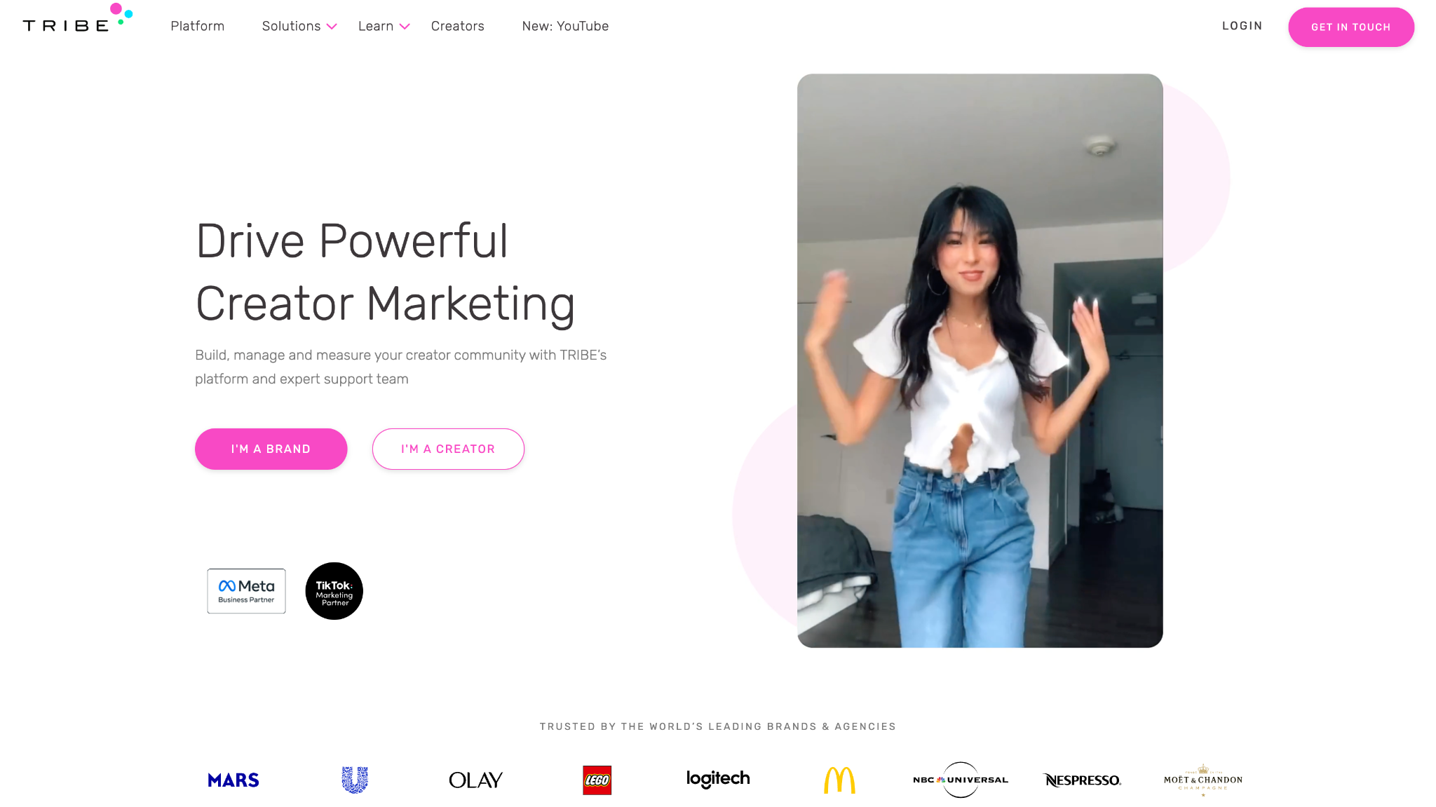 Homepage of a creator marketing platform with the headline Drive Powerful Creator Marketing and a creator video preview.