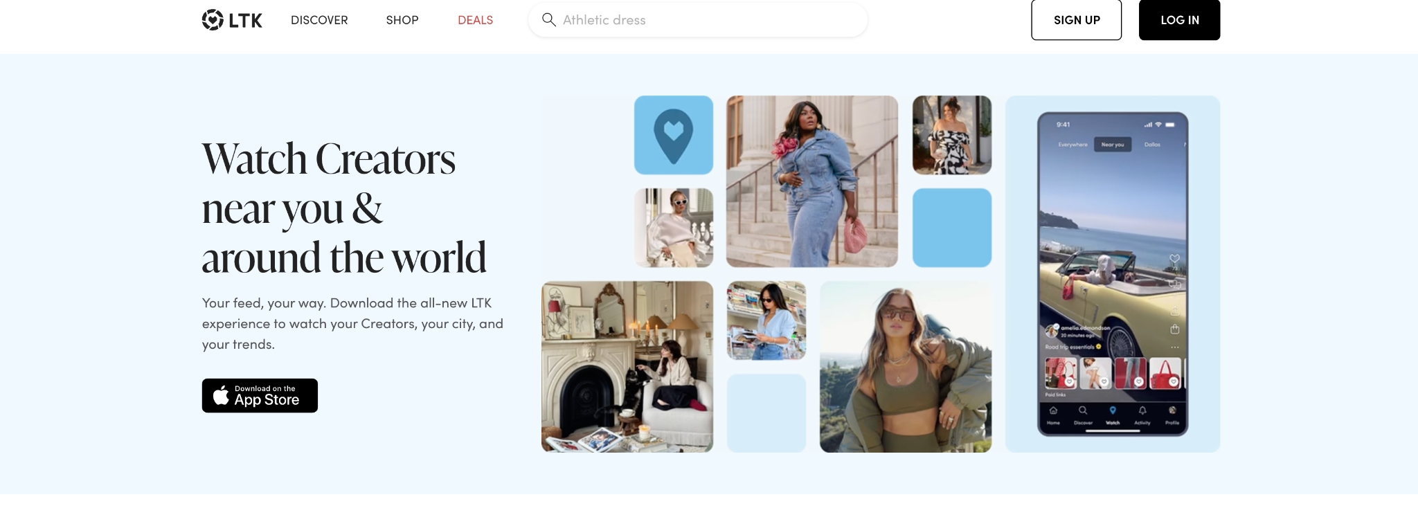 Homepage of a creator shopping app with the headline Watch Creators near you and around the world and a photo collage.