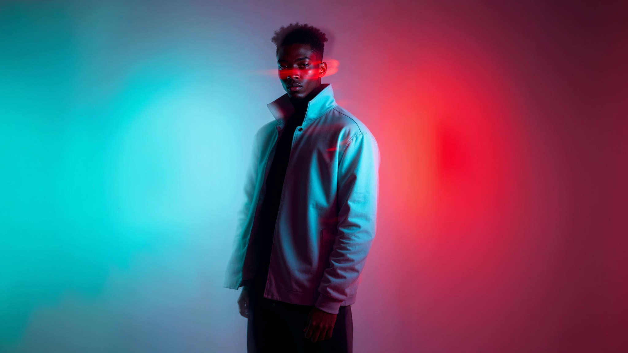 Man in a light jacket standing in front of blended blue, pink, and red lighting with a red light streak across his eyes.