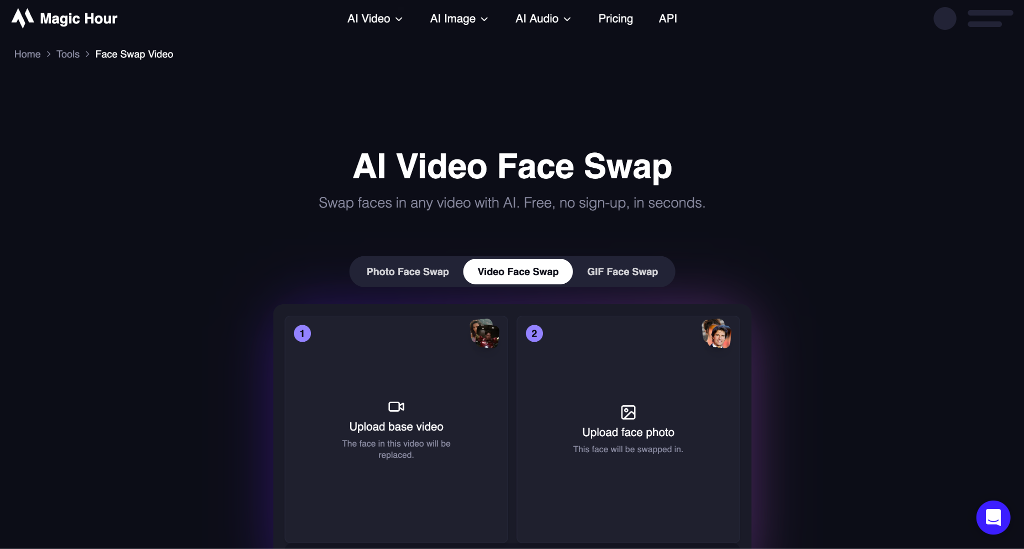 Web page for an AI video face swap tool with upload panels for a base video and face photo.
