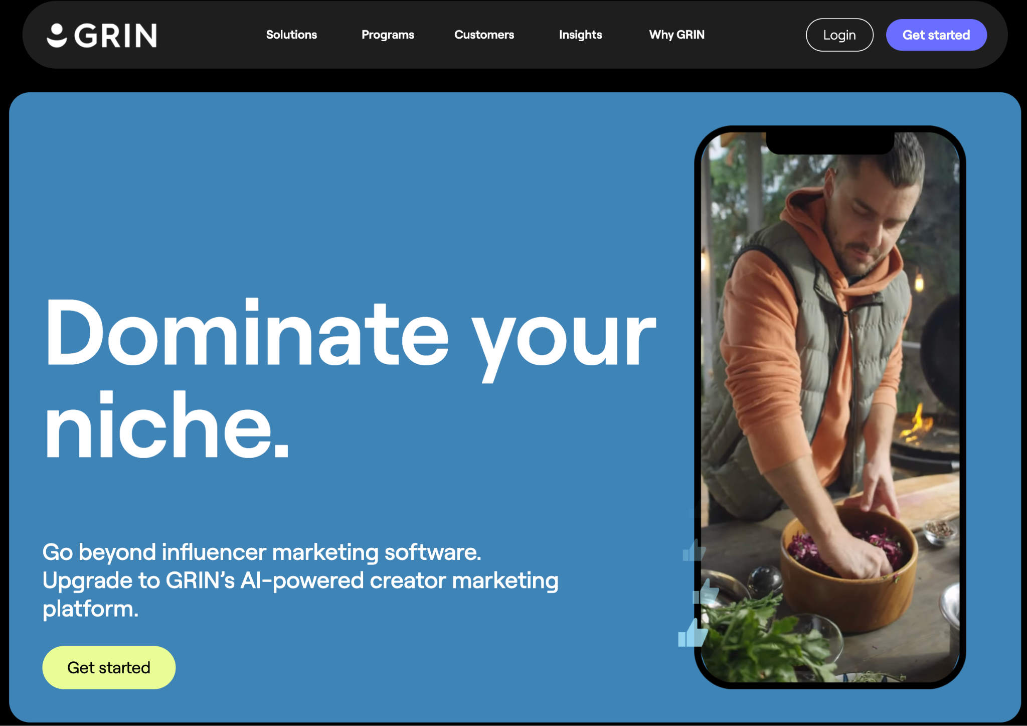 Homepage of a creator marketing platform with the headline "Dominate your niche." beside a creator video