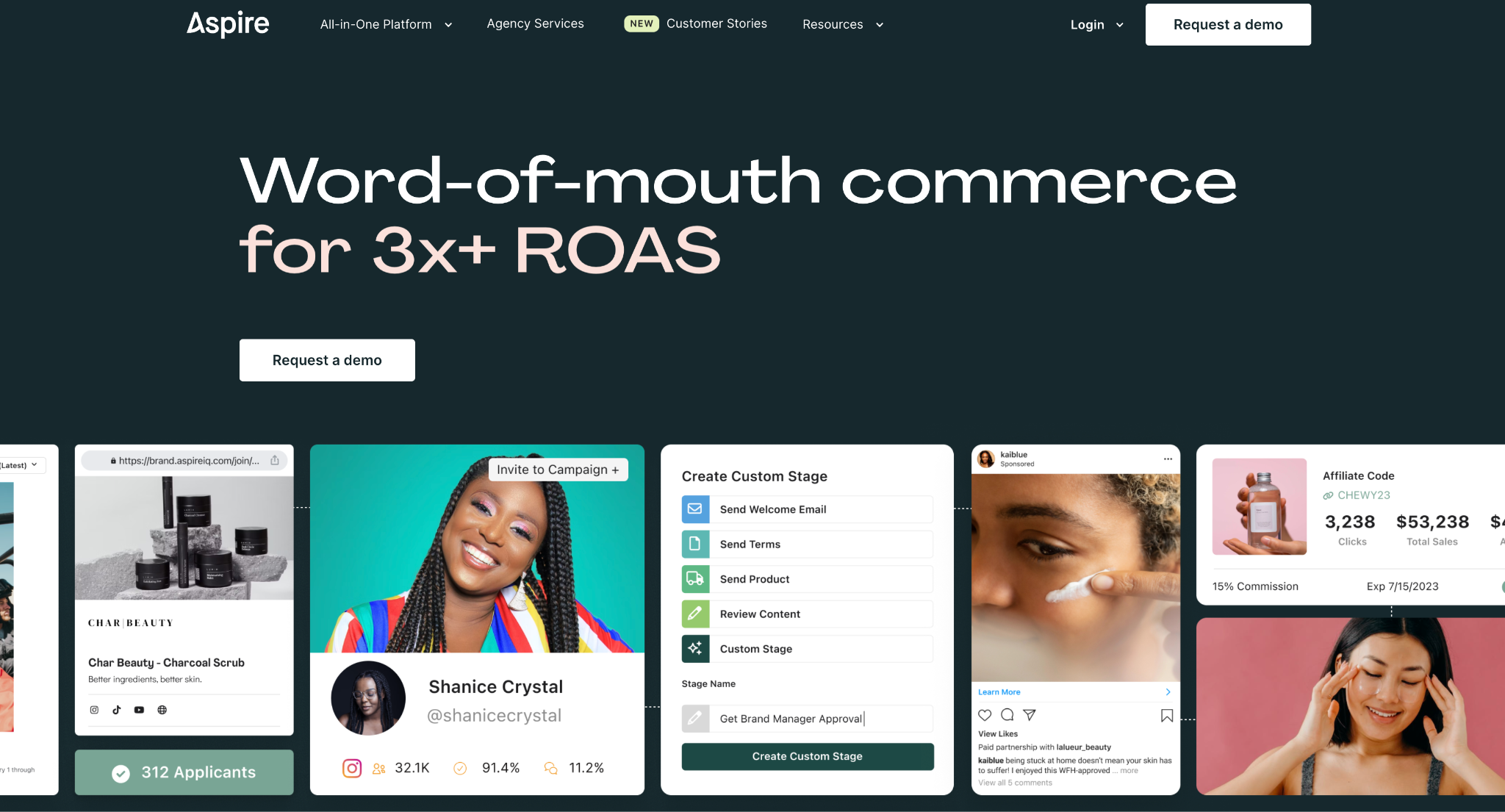 Homepage of an influencer marketing platform with the headline "Word-of-mouth commerce for 3x+ ROAS"