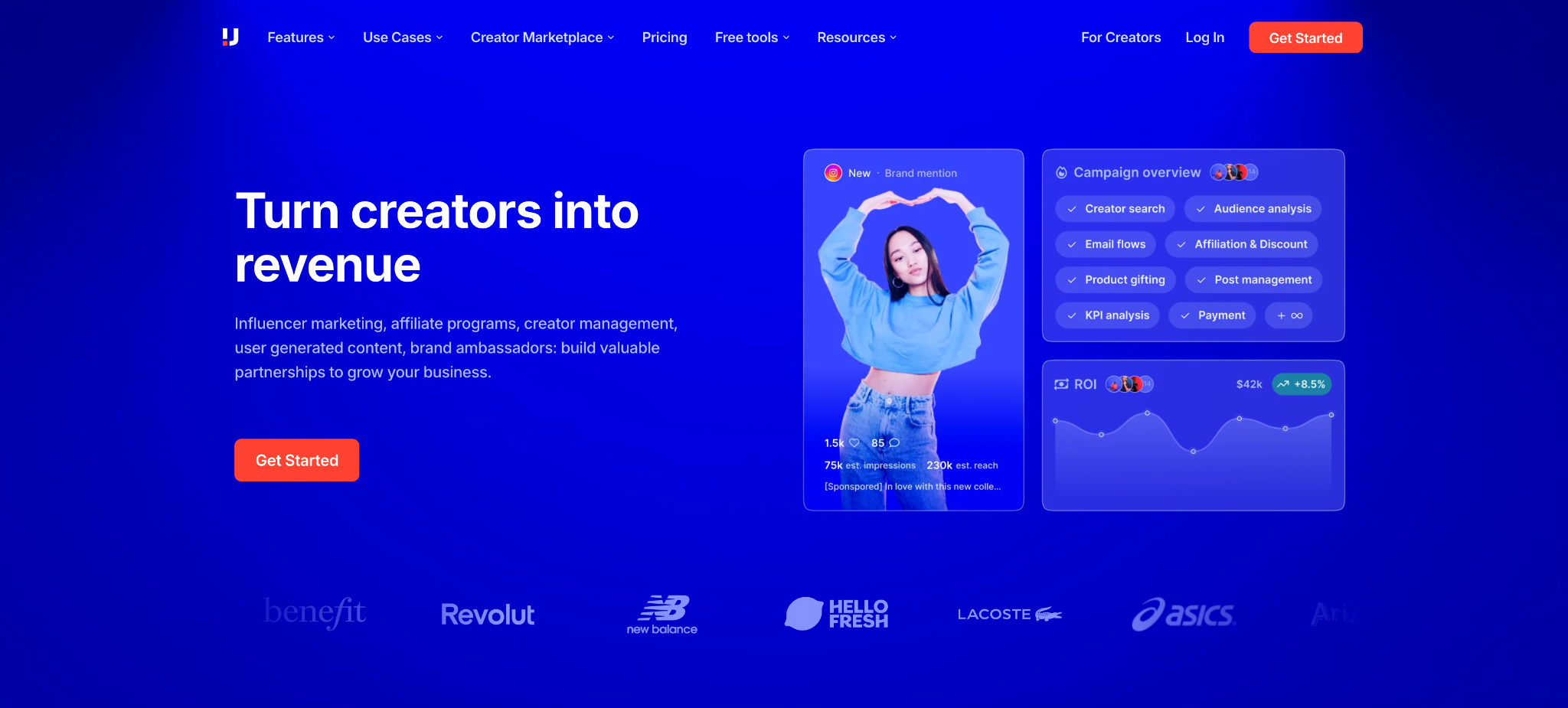 Homepage of an influencer marketing platform with the headline "Turn creators into revenue" and a campaign overview