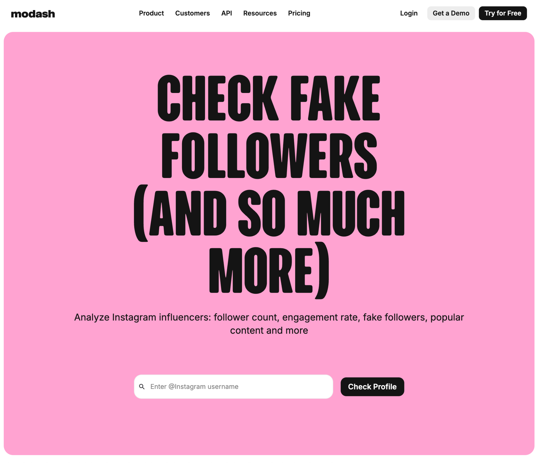 Homepage of an influencer analytics tool with the headline "Check fake followers" and an Instagram profile search