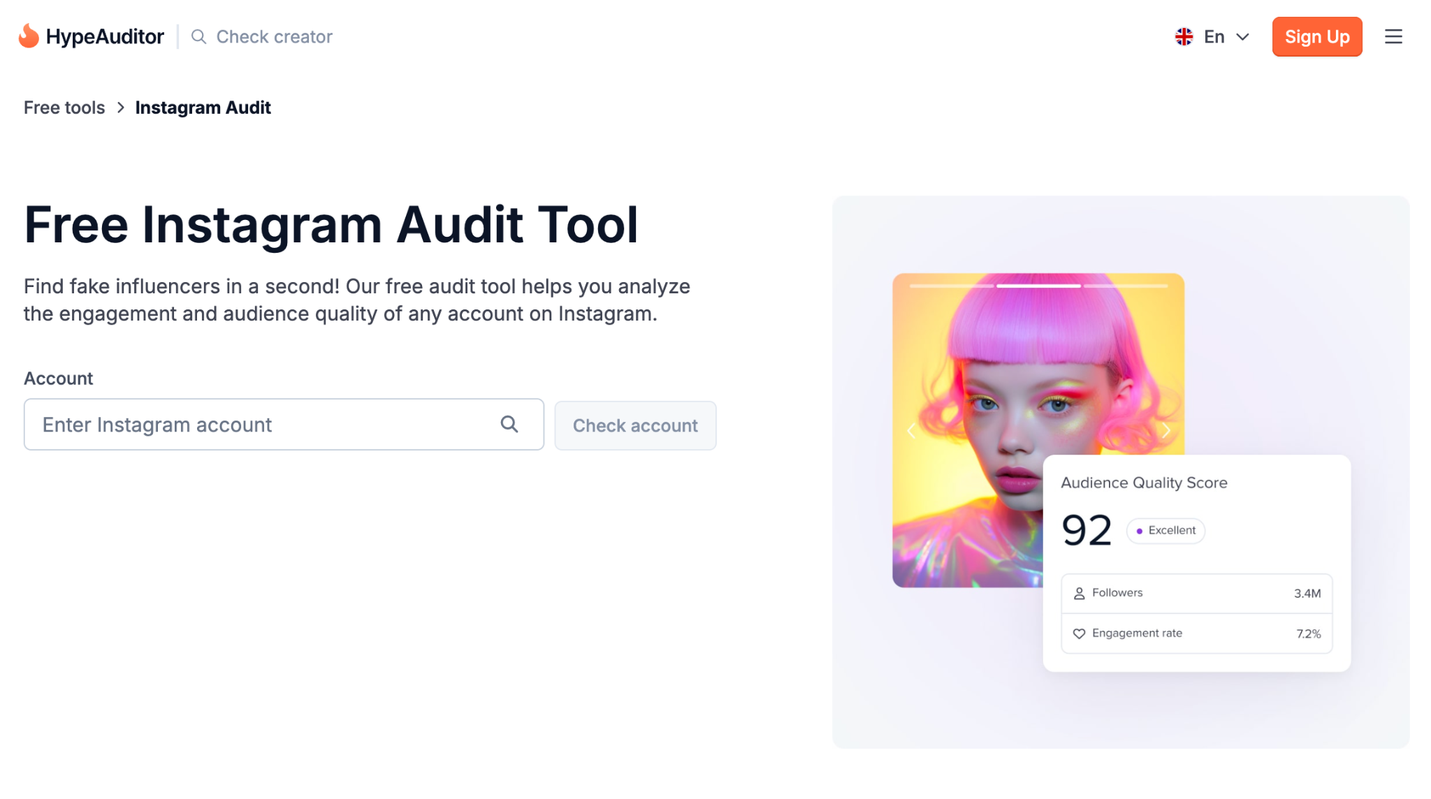 Free Instagram audit tool page showing an audience quality score of 92 for a creator profile