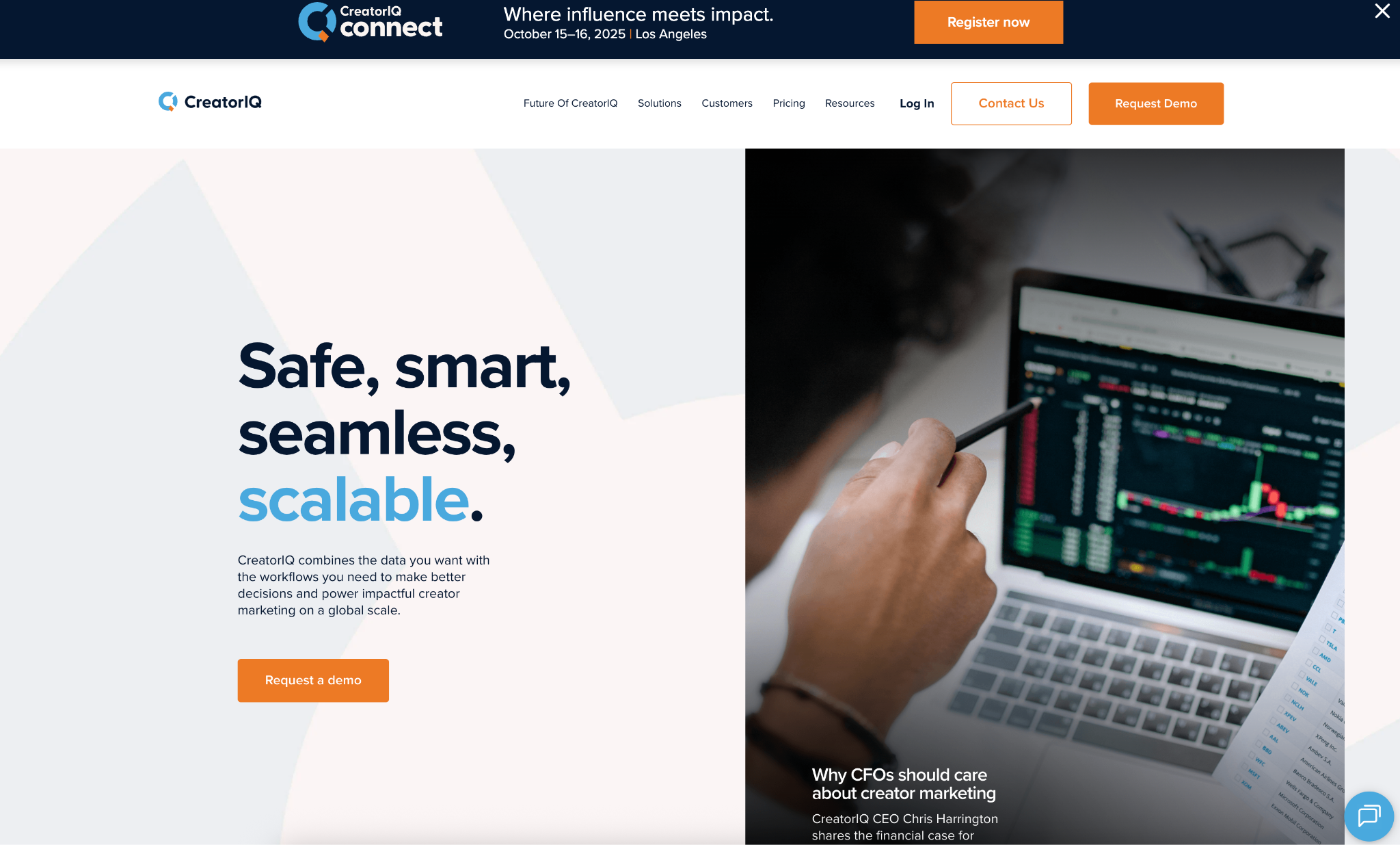 Homepage of an enterprise creator marketing platform with the headline "Safe, smart, seamless, scalable."
