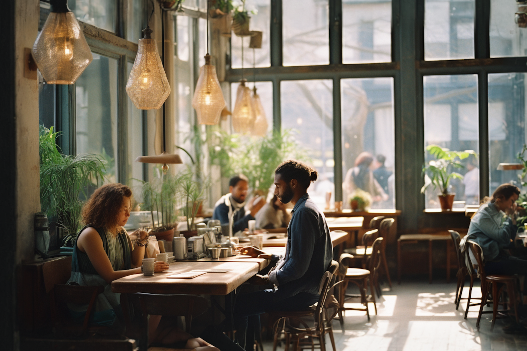 People working and talking at long wooden tables in a sunlit café with pendant lights and plants