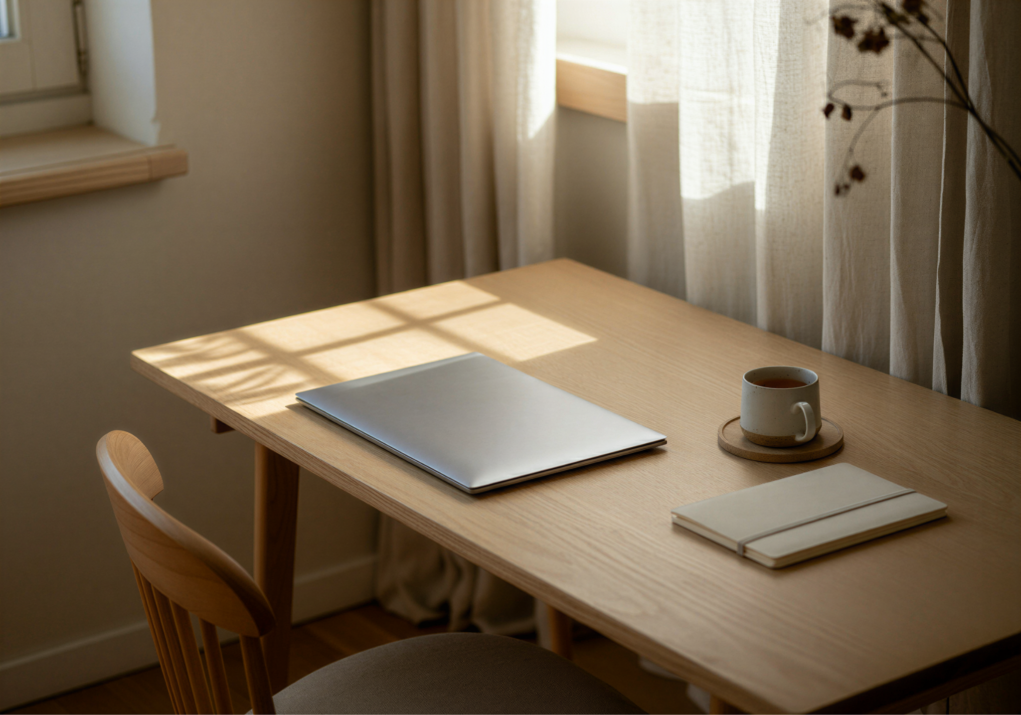 Closed laptop, notebook and cup of tea on a wooden desk in soft window light
