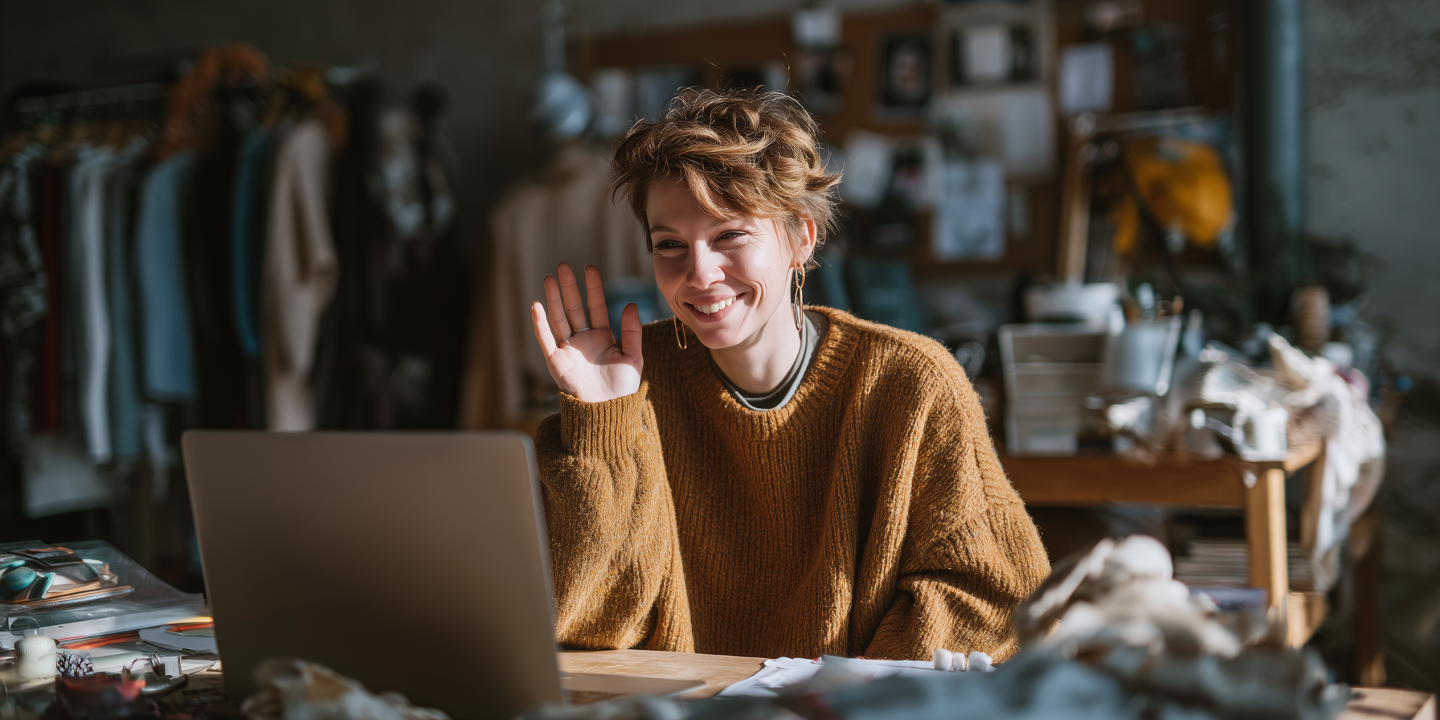 Smiling woman in a mustard sweater waving at her laptop in a busy design studio