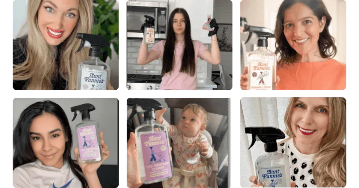 Six micro-influencers holding spray bottles of a household cleaner in user-generated content photos