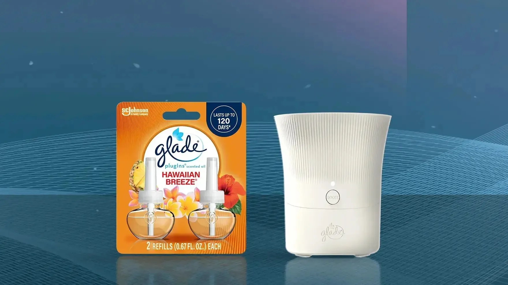 Plug-in air freshener diffuser beside a two-pack of scented oil refills on a blue background