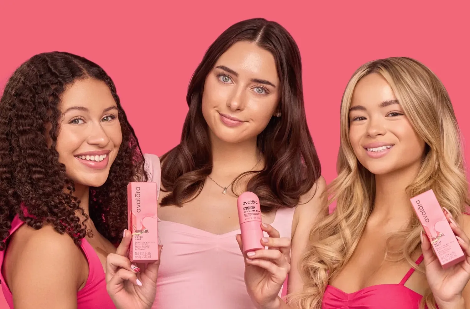 Three women holding pink moisture serum bottles and boxes against a pink background