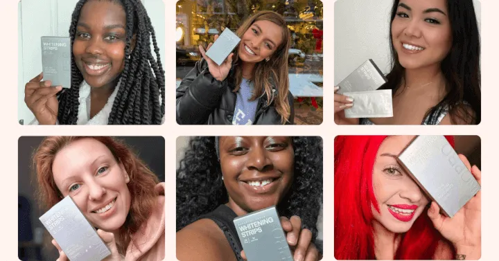 Six micro-influencers smiling with boxes of teeth whitening strips in user-generated content photos