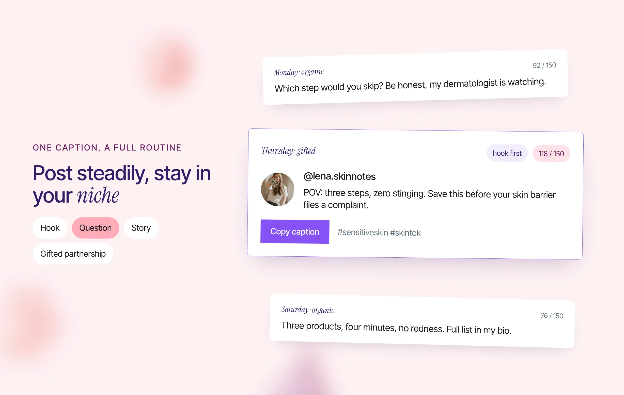 Weekly posting plan of TikTok captions for organic and gifted partnership posts