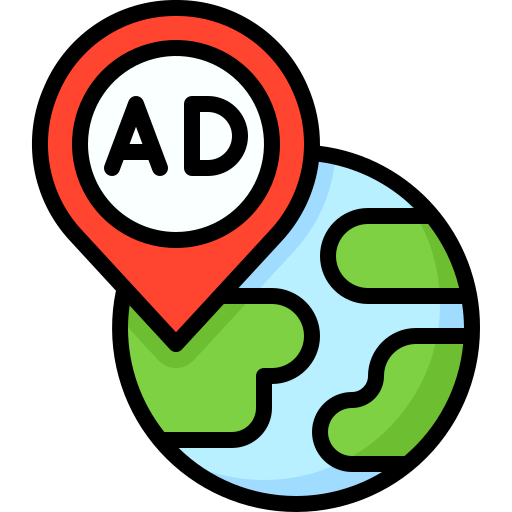 Red location pin with AD text on a stylized Earth globe with green continents and blue oceans.