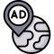 Black and white icon of a globe with a speech bubble containing 'AD' representing local advertising.