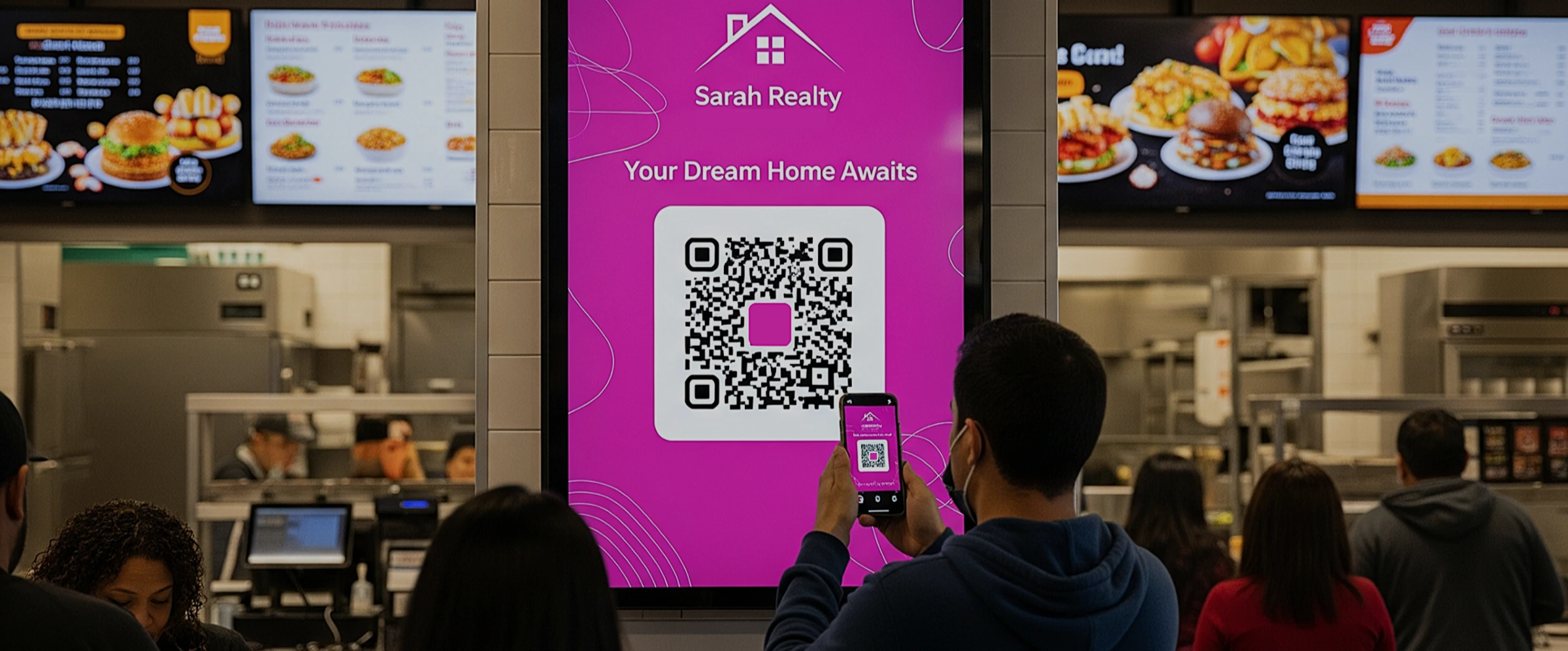 Person scanning a QR code on a pink Sarah Realty ad in a fast food restaurant.