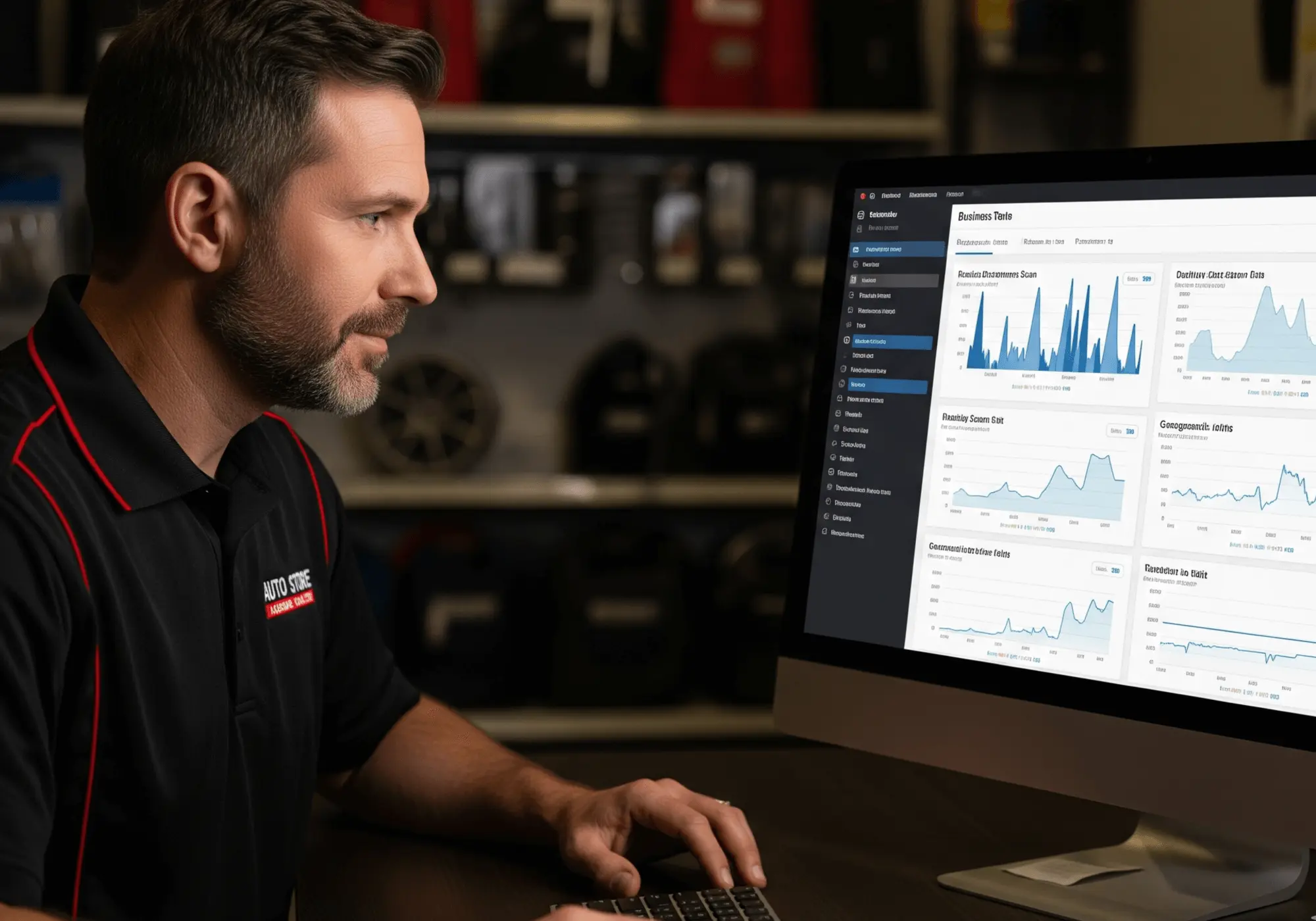 Man in Auto Store uniform analyzing customer engagement analytics charts on a desktop computer in a workshop.