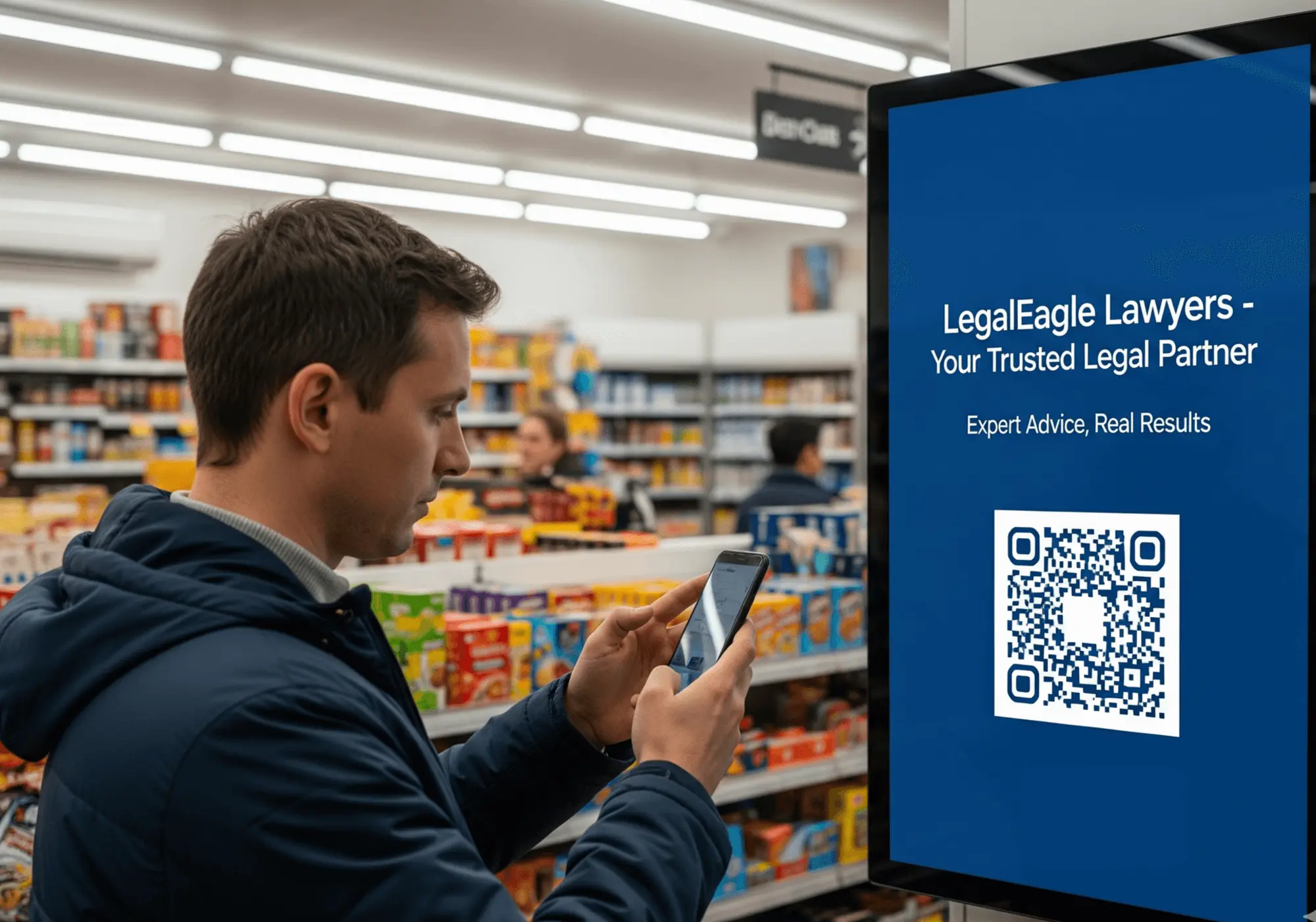 Man scanning QR code on digital screen advertising LegalEagle Lawyers in a store aisle.