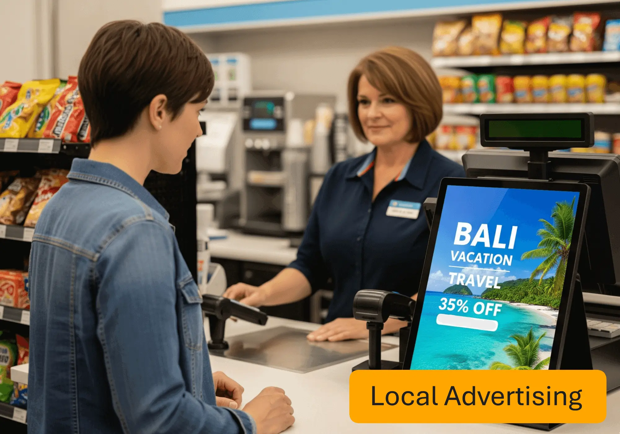Cashier assisting customer at checkout with 35% off Bali vacation travel ad on a digital screen.