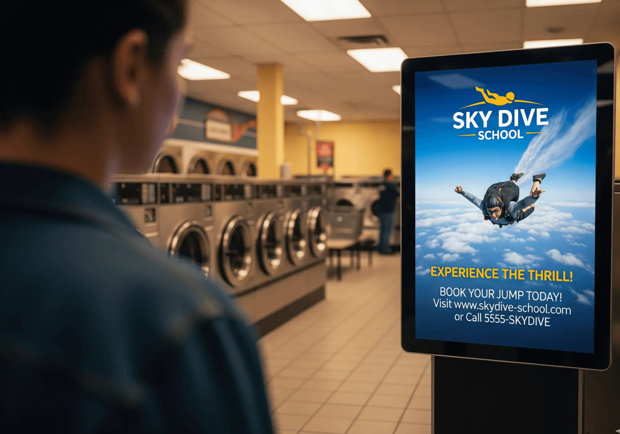 Person looking at a digital sign in a laundromat advertising skydiving lessons with contact info.