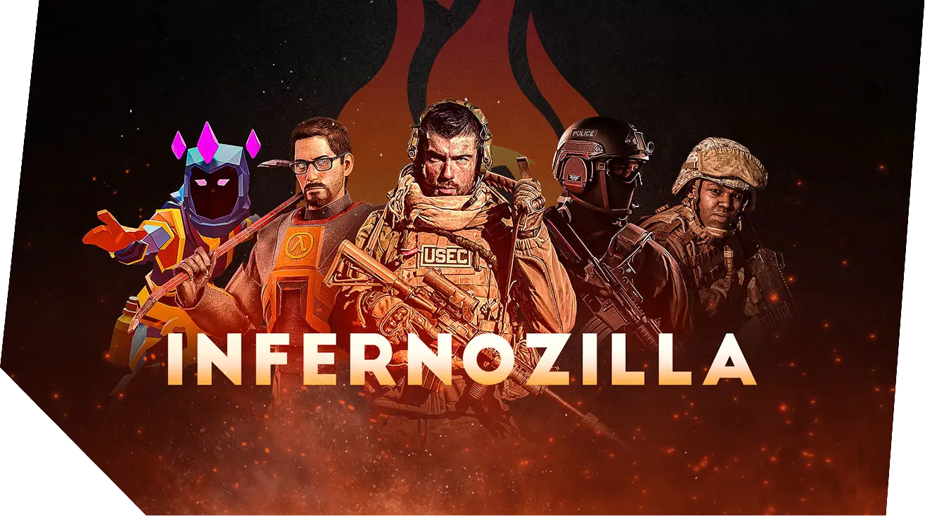 Five diverse video game characters with weapons stand above the word INFERNOZILLA amid fiery effects.